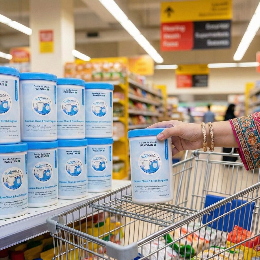 Customer choosing a tub of Pakiza Laundry Cream from a supermarket shelf in Pakistan